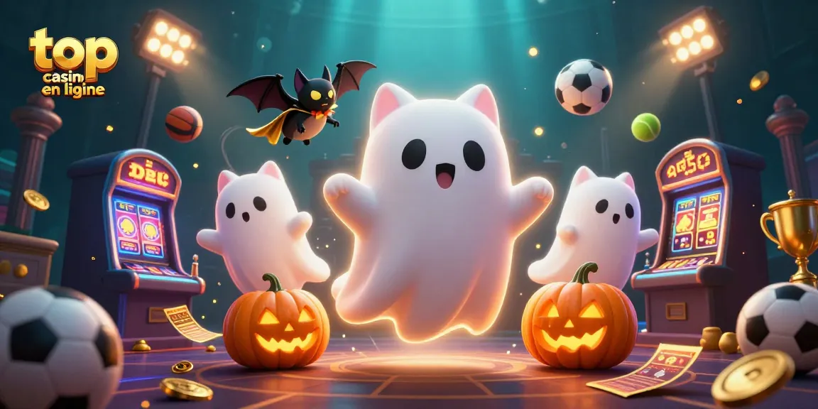 Les joueurs découvrent le meilleur casino en ligne avec un chat fantôme et un vampire, dans une scène animée et colorée.