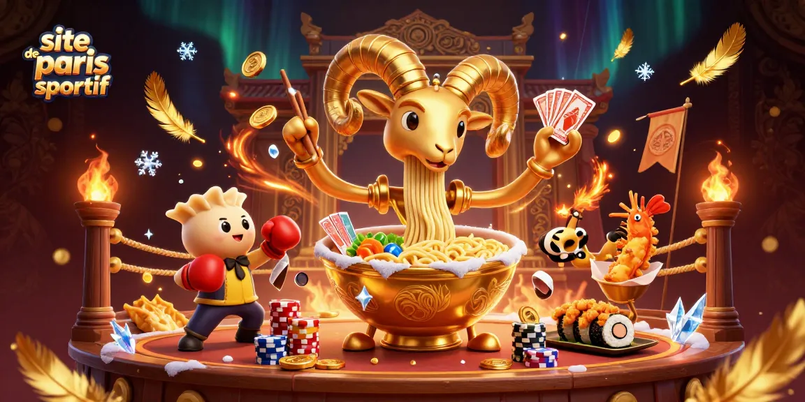 Placer des paris sur un site de paris sportif, illustré par un bol de ramen géant et des personnages dynamiques.