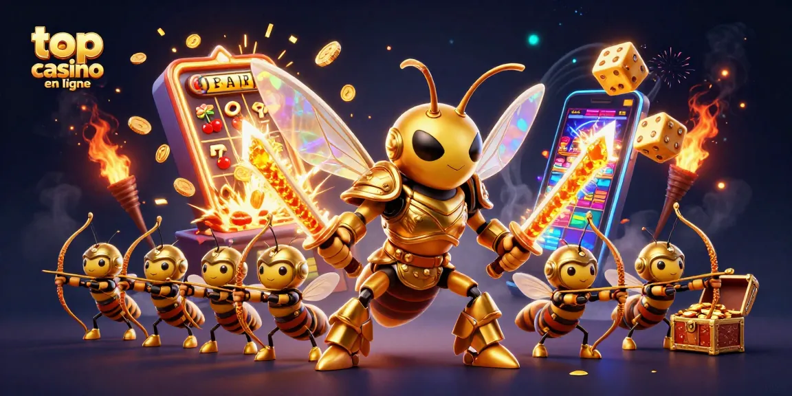 Jouez au meilleur casino en ligne avec une illustration captivante de machines à sous et de symboles chanceux.