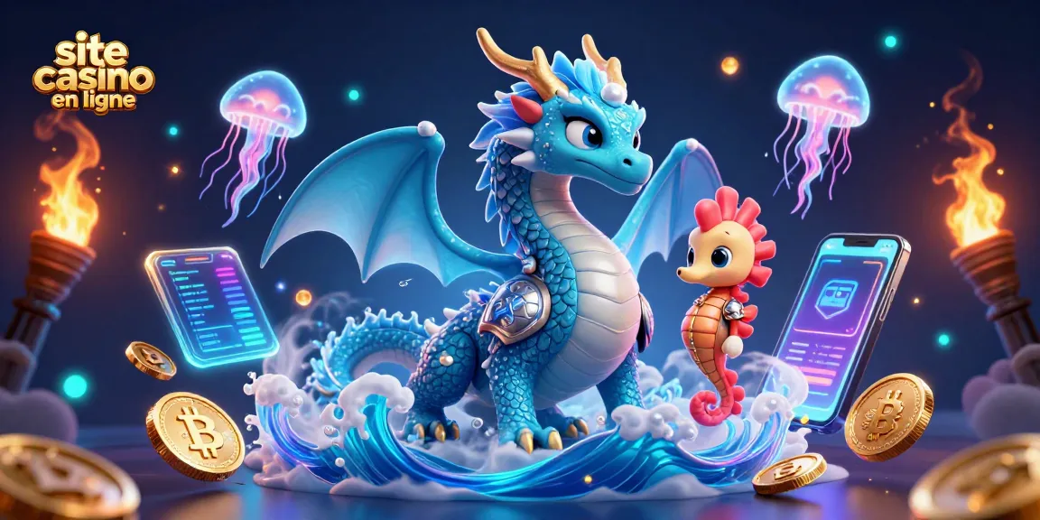 Illustration captivante de site casino en ligne avec un dragon qui joue, entouré de créatures marines lumineuses.