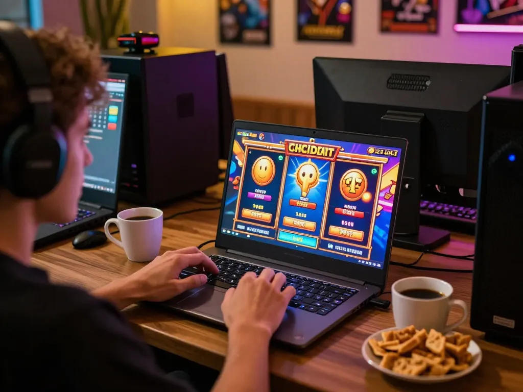 Player enjoying เว็บตรงสล็อต on a laptop with engaging graphics in a cozy gaming setup
