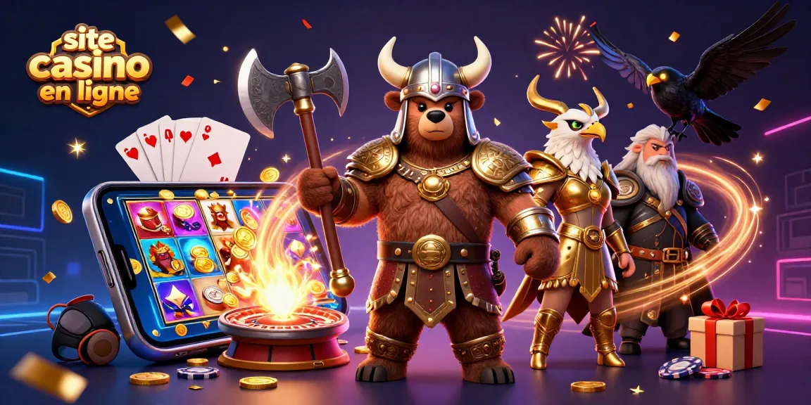 Jouer sur un site casino en ligne avec des personnages géants célébrant, entourés de jeux et de récompenses.