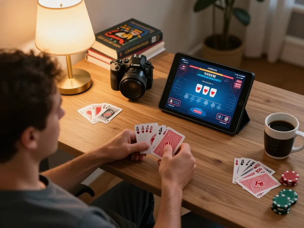 Player strategizing their next move in hb888 poker game using a tablet in a cozy home office.