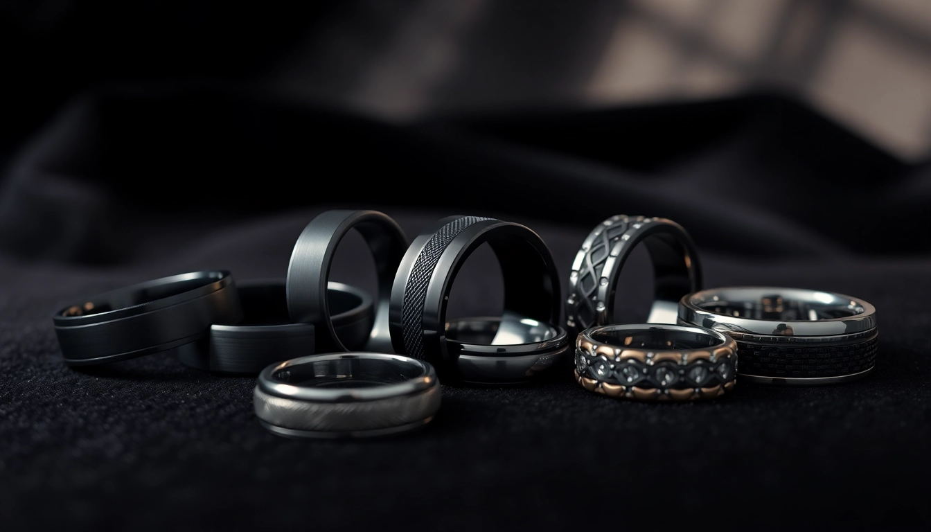 Showcasing Black Wedding Rings for Men with elegant designs and luxurious textures on a dark backdrop.