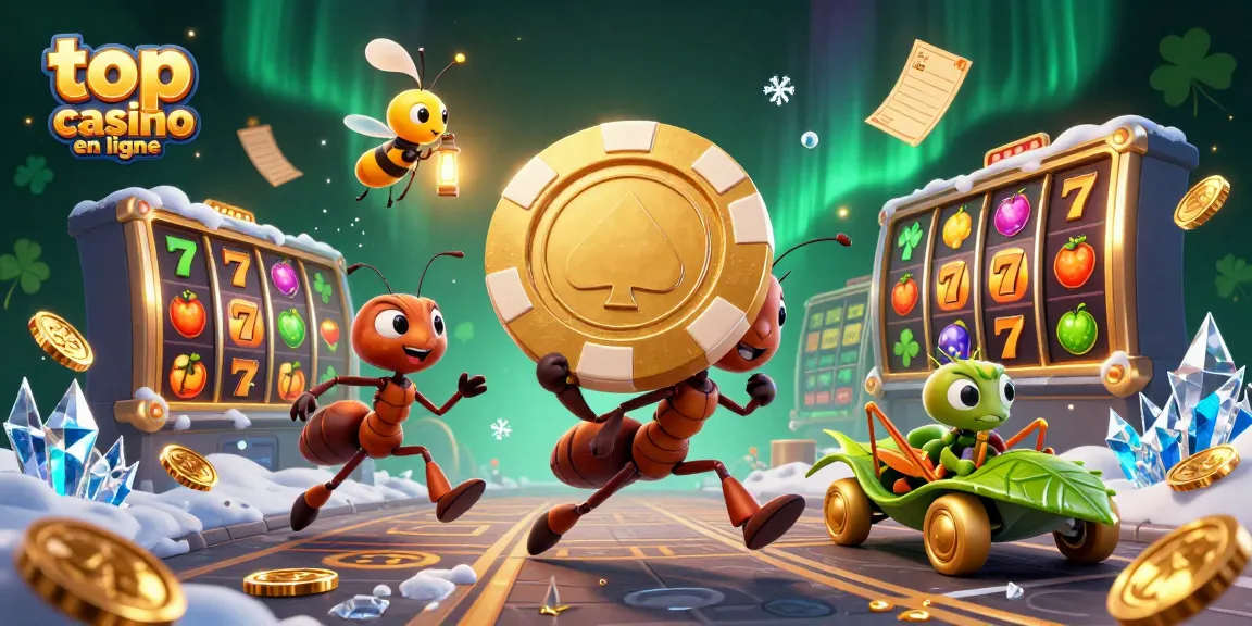 Atteindre le meilleur top casino en ligne avec des fourmis transportant un jeton de poker doré géant.