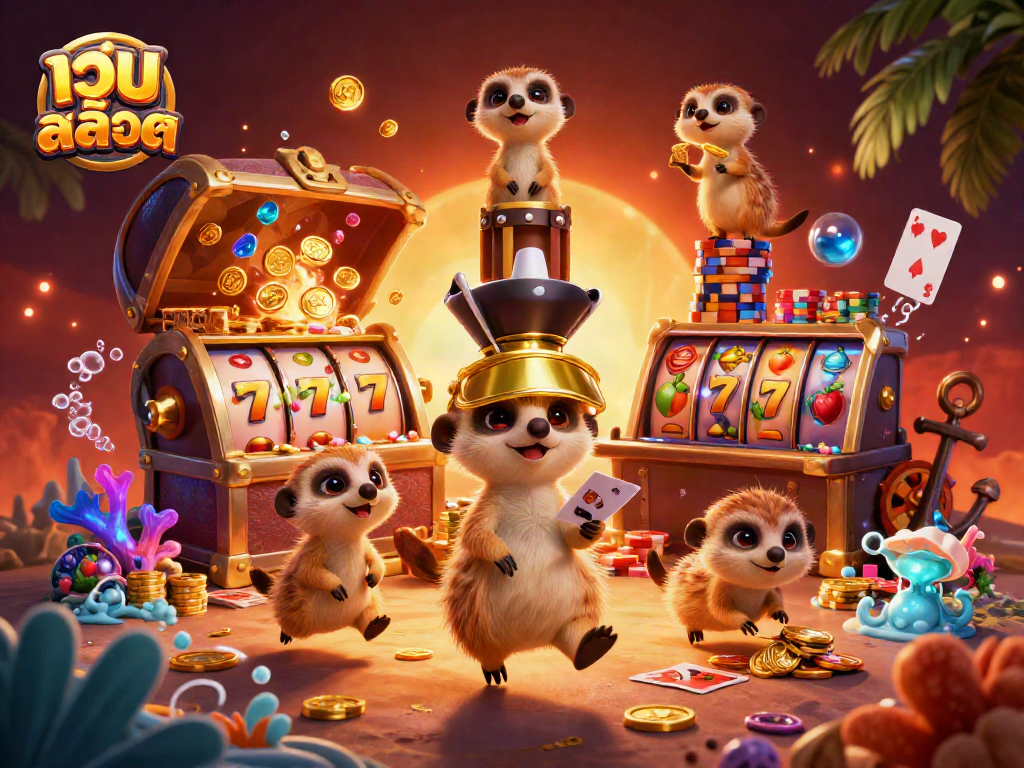 Engage in เว็บสล็อต action as playful meerkats operate a busy slot casino.