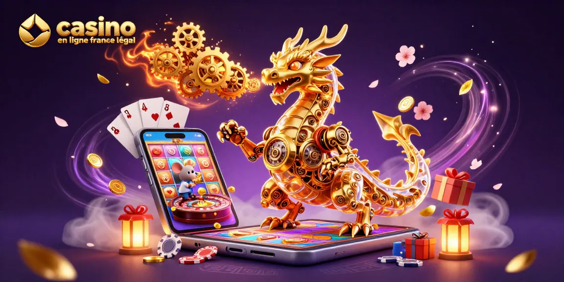 Illustration d'un dragon mécanique doré représentant un casino en ligne légal en France, avec des éléments de jeu.