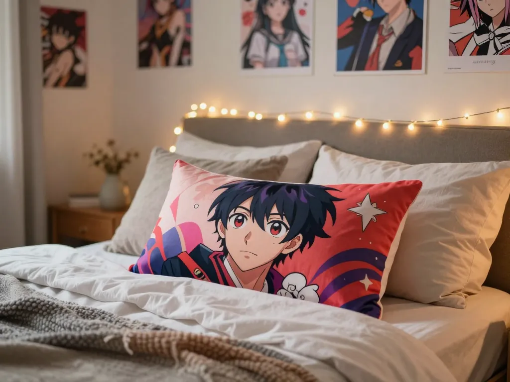 Custom body pillow featuring vibrant anime design on cozy bed with soft lighting.