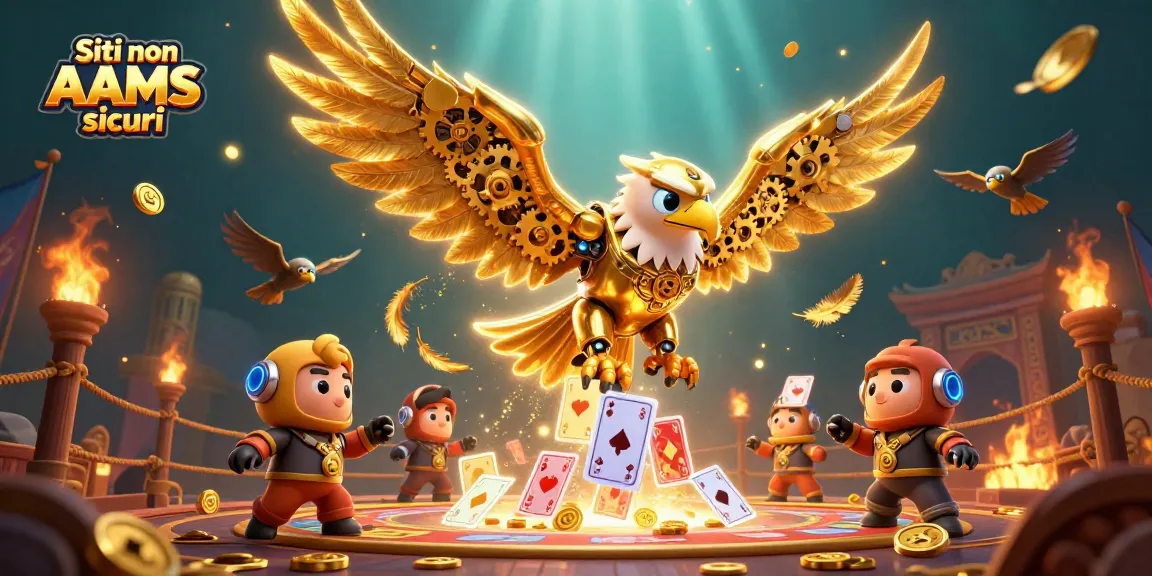 Scopri i Siti non AAMS sicuri con un'aquila robotica mentre si tuffa tra carte e monete d'oro.