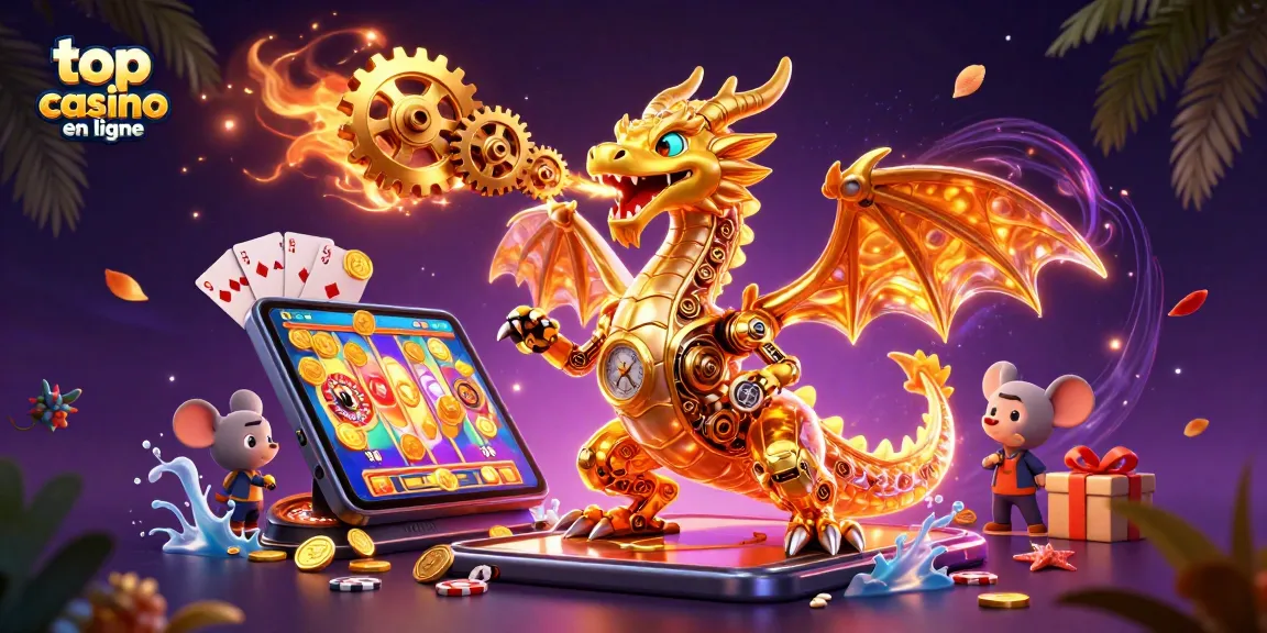 Jouer sur le meilleur casino en ligne avec un dragon d'or et des jeux colorés.