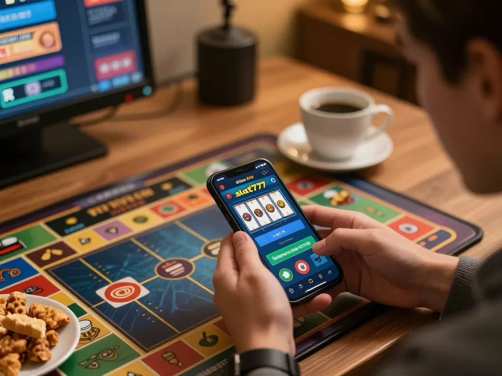 Engaging with situs slot777 on a smartphone during a cozy home gaming session.