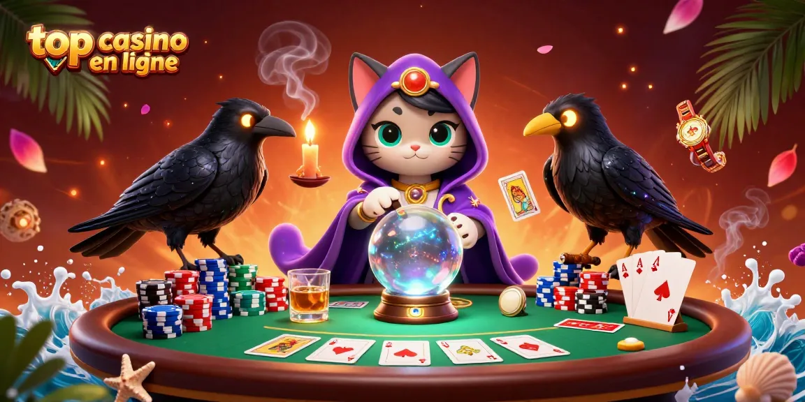 Jouer avec le top casino en ligne entouré d'un chat mystique, un corbeau et des éléments de poker captivants.