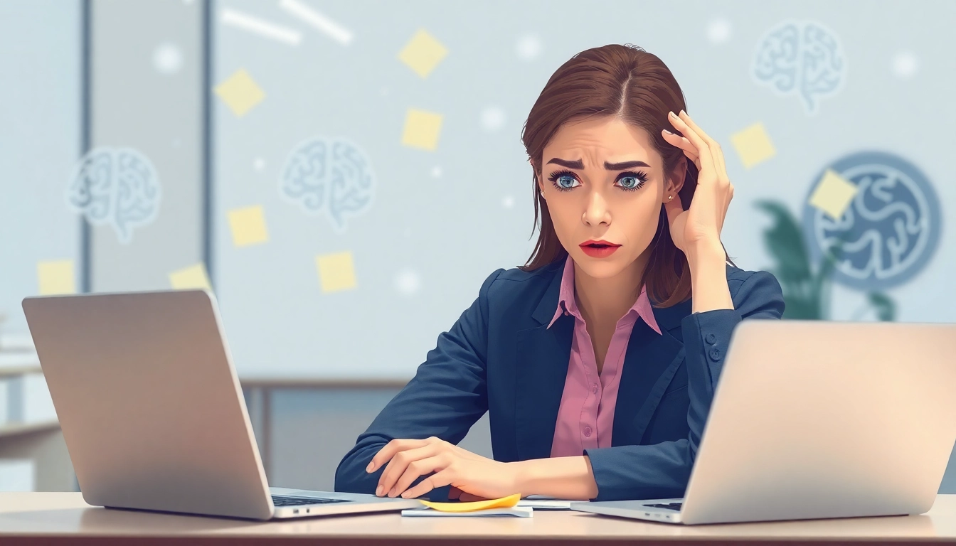 Woman experiencing brain fog looks confused with notes and laptop on her desk.