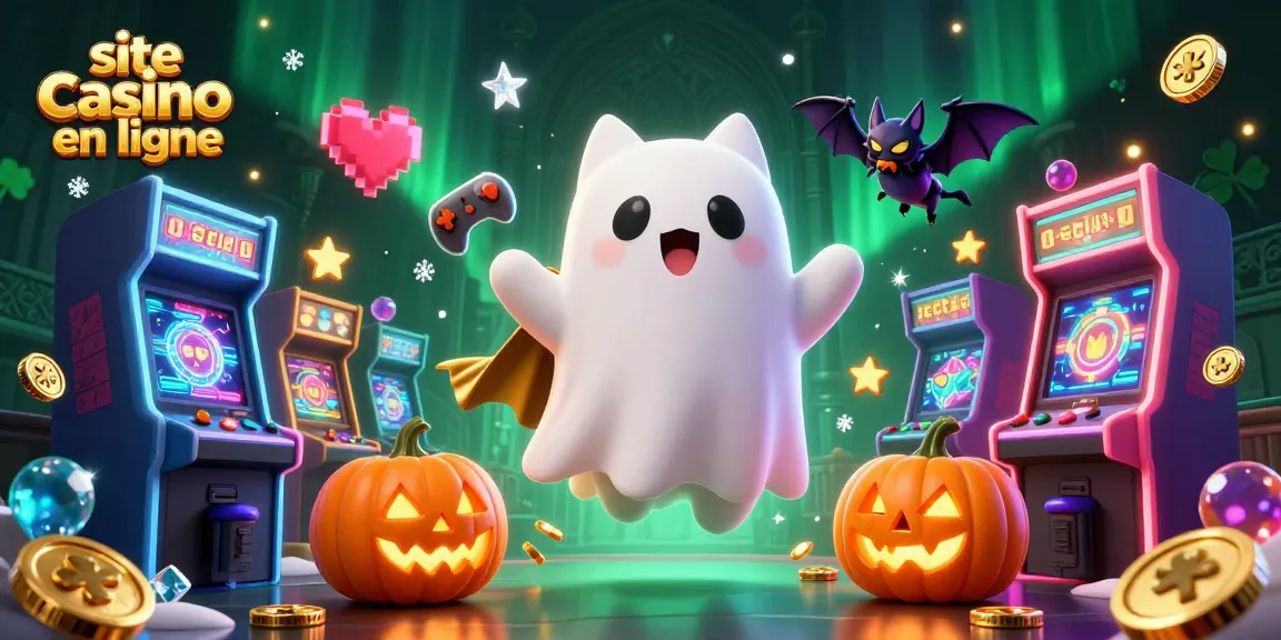 Découvrez un site casino en ligne animé par un chat fantôme et un vampire, illuminé par des jeux d'arcade colorés.