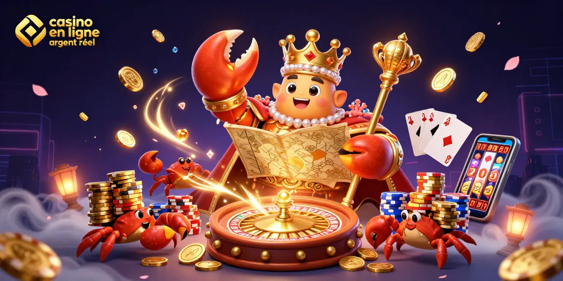 Jouez au casino en ligne argent réel avec l'empereur crabe et ses serviteurs portant des jetons d'or.
