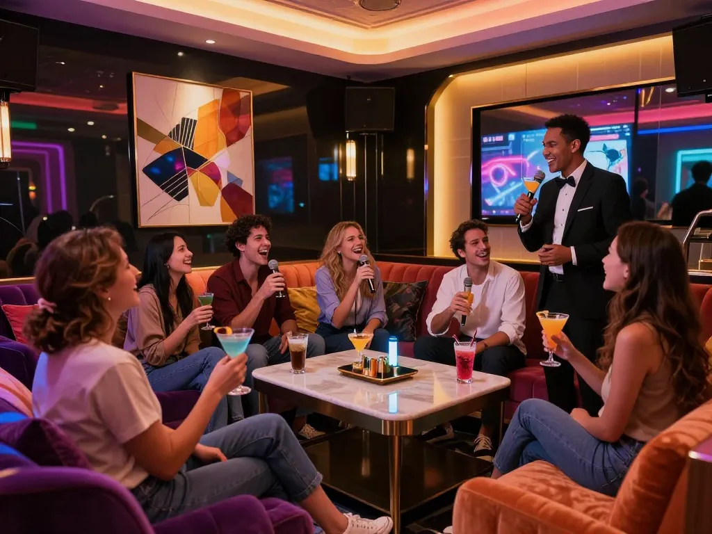 Guests enjoying vibrant night at gangnamtune.com high-end karaoke bar with neon lights and cocktails.