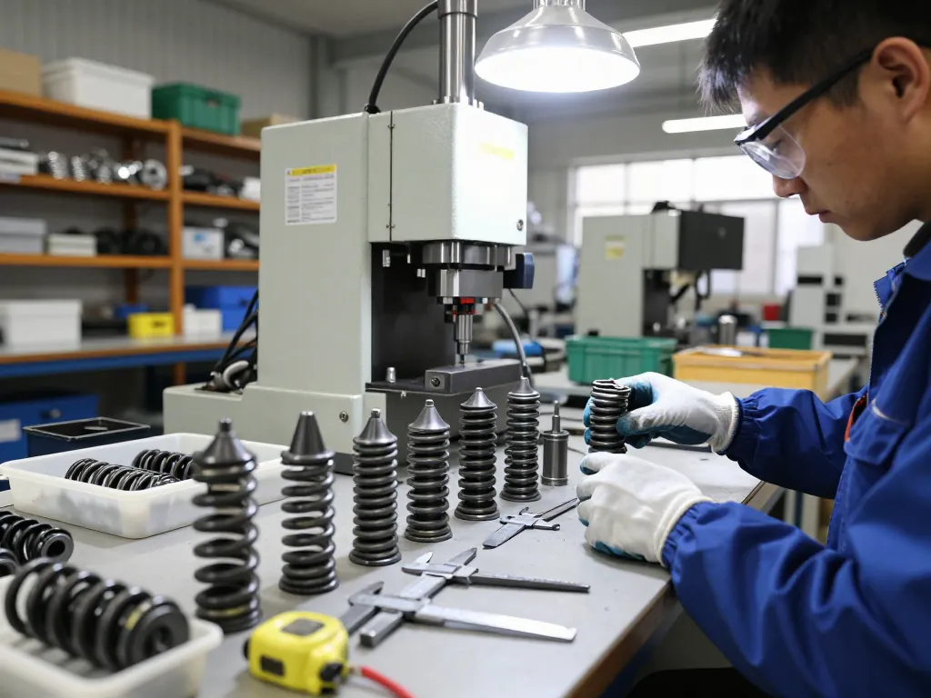 Meșteșugar inspectând arcuri conice într-un atelier aglomerat.