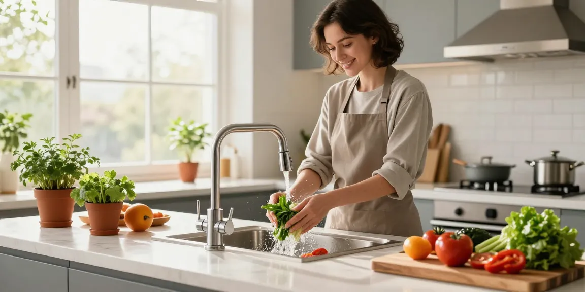 Kitchen faucets in action as a home cook rinses fresh vegetables in a modern kitchen.