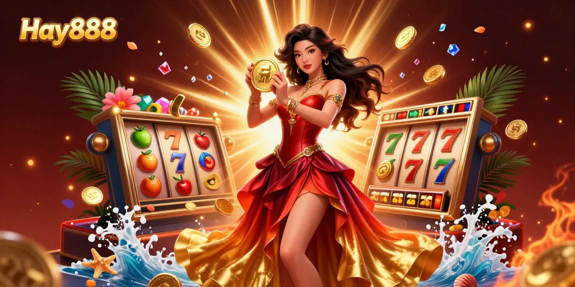 Experience the thrill of Hay888's jackpot with a stunning Asian woman holding a golden coin amidst a vibrant casino atmosphere.