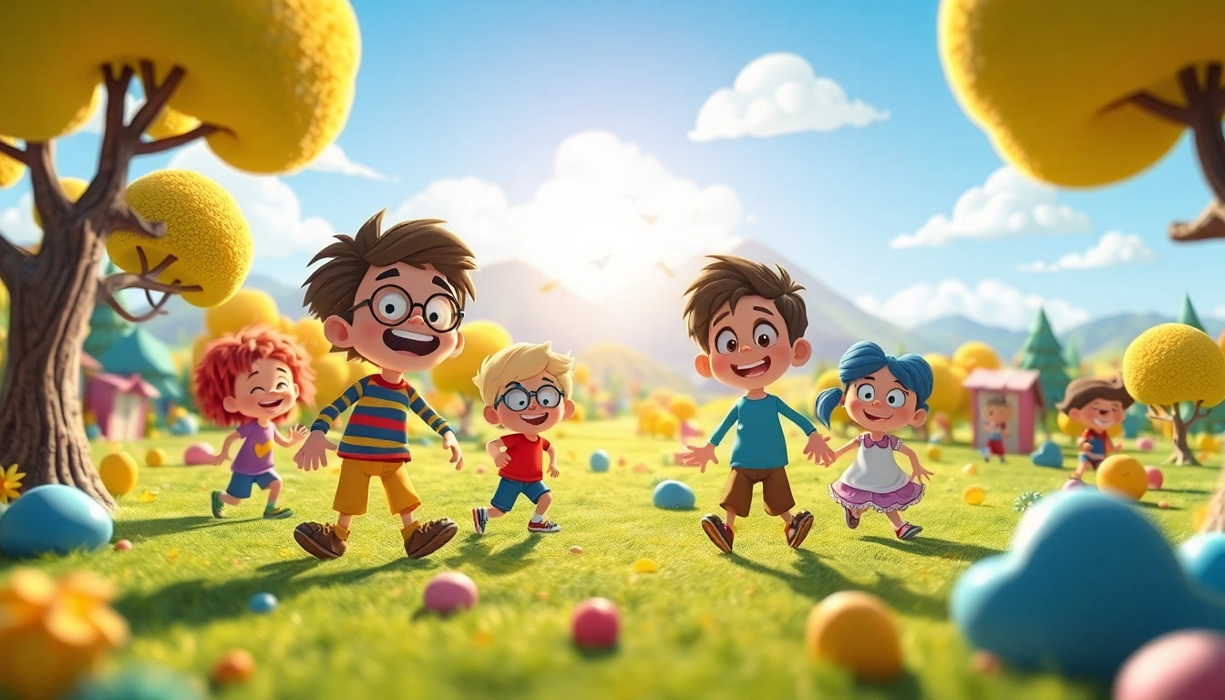 Erstellen von 2D Animationen in einer lebhaften, cartoonartigen Umgebung mit bunten Charakteren.