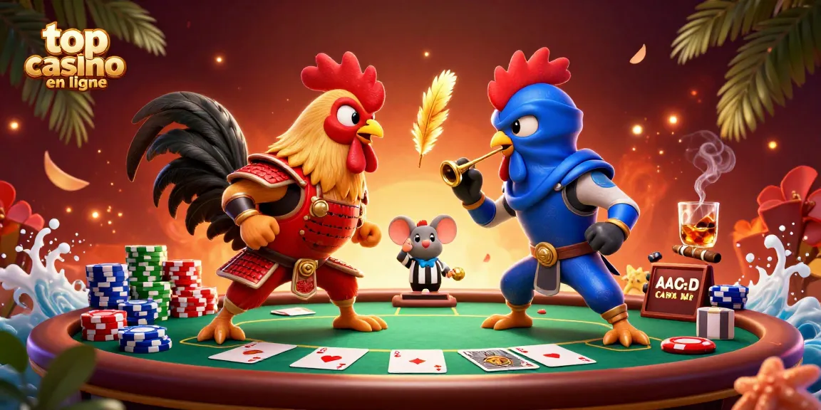 Meilleur casino en ligne : affrontement de coqs en 3D avec éléments de poker captivants.