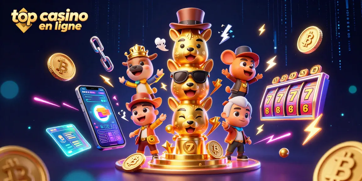 Gagnez au top casino en ligne avec une illustration captivante de jeux et crypto-monnaies.