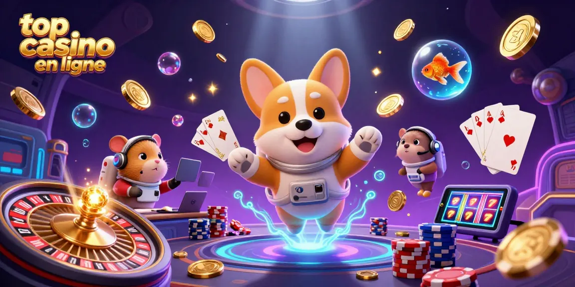 Des personnages de casino flottants, représentant le top casino en ligne avec des jeux captivants et des gains.