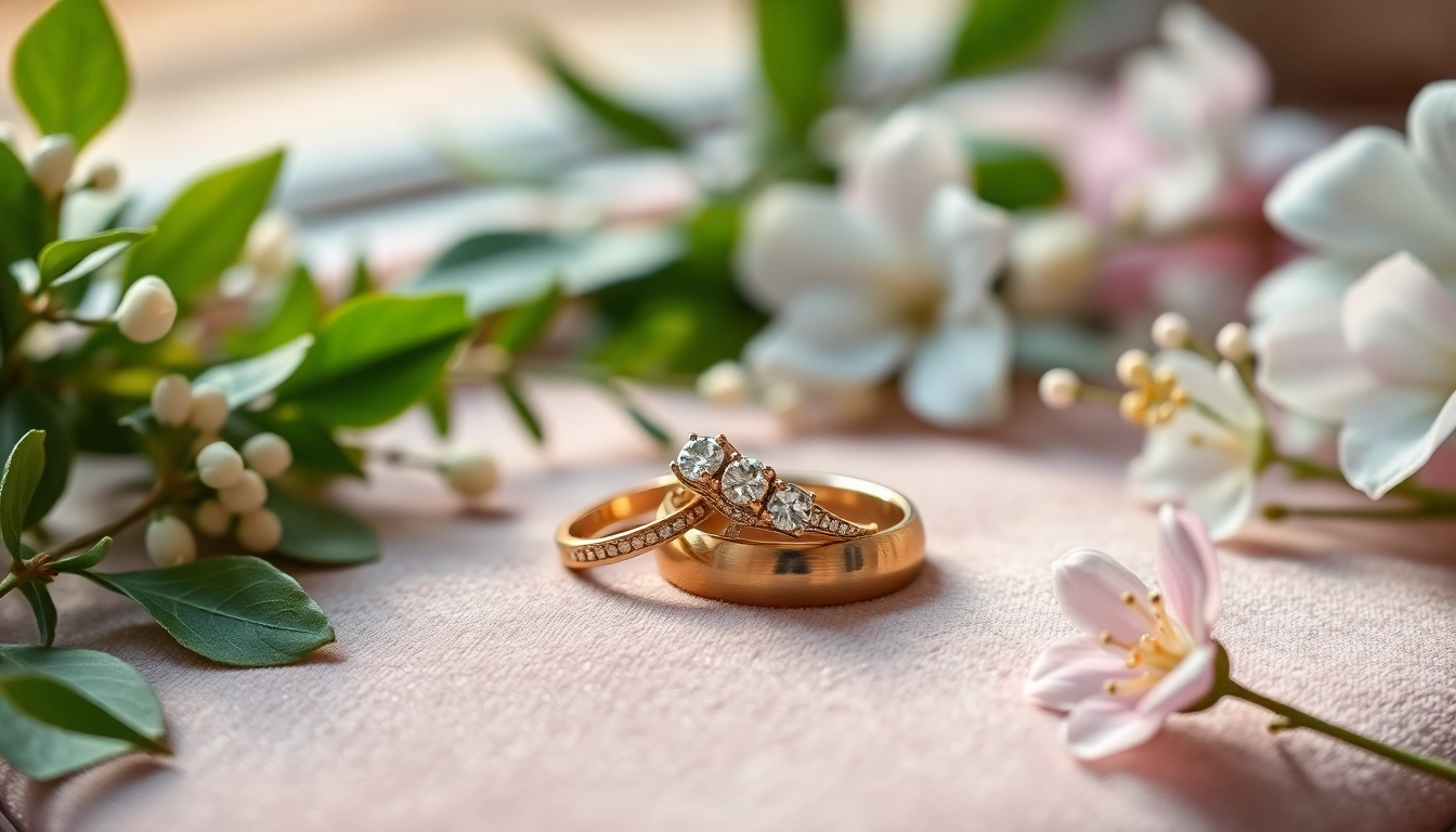 Showcase of intricately designed couple rings set against a lush, romantic backdrop.