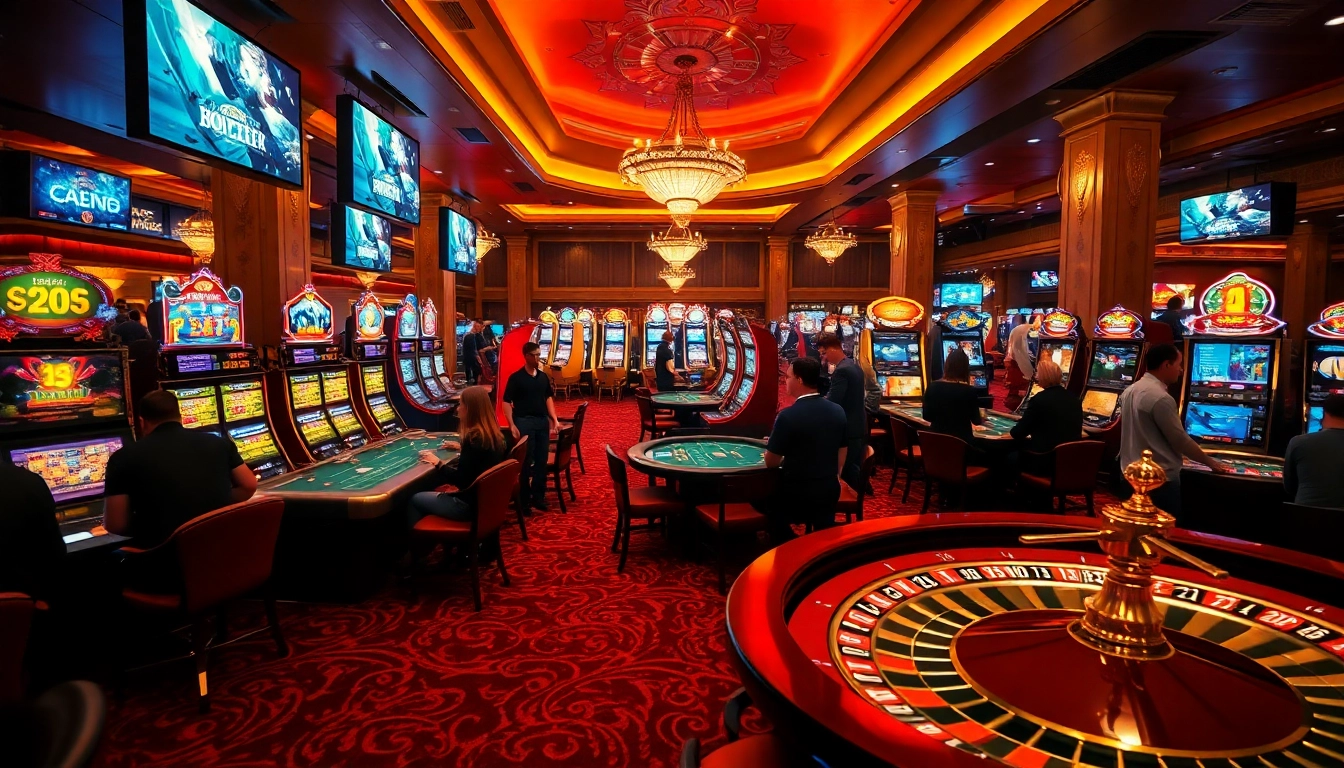 Des joueurs engagés profitant du casino en ligne Français avec des tables de jeu vibrantes et des machines à sous.