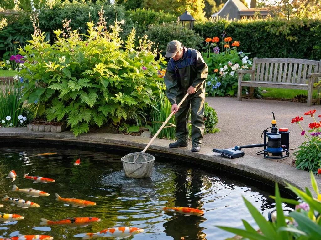 Pond Cleaning Sussex - Professional landscape maintenance of a serene pond with koi fish and vibrant greenery.
