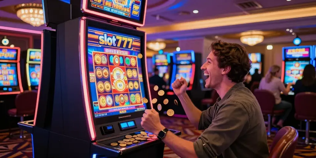 Permainan slot777 dengan pemain merayakan kemenangan jackpot di kasino dengan suasana yang meriah.