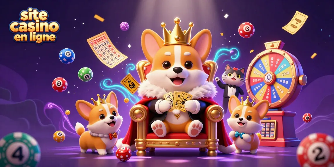 Visualisez le site casino en ligne avec le corgi royal entouré de lots et de machines à sous scintillantes.