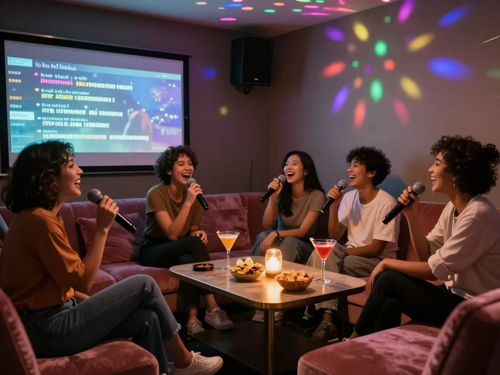 칵테일과 함께 아늑한 방에서 노래를 즐기는 그룹, 3no.org/seo의 생동감 있는 밤을 담고 있습니다.