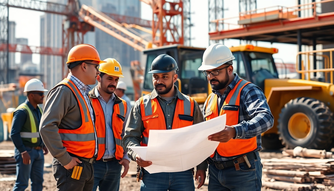 Engaged Manhattan General Contractor team collaborating on construction plans at a lively site.