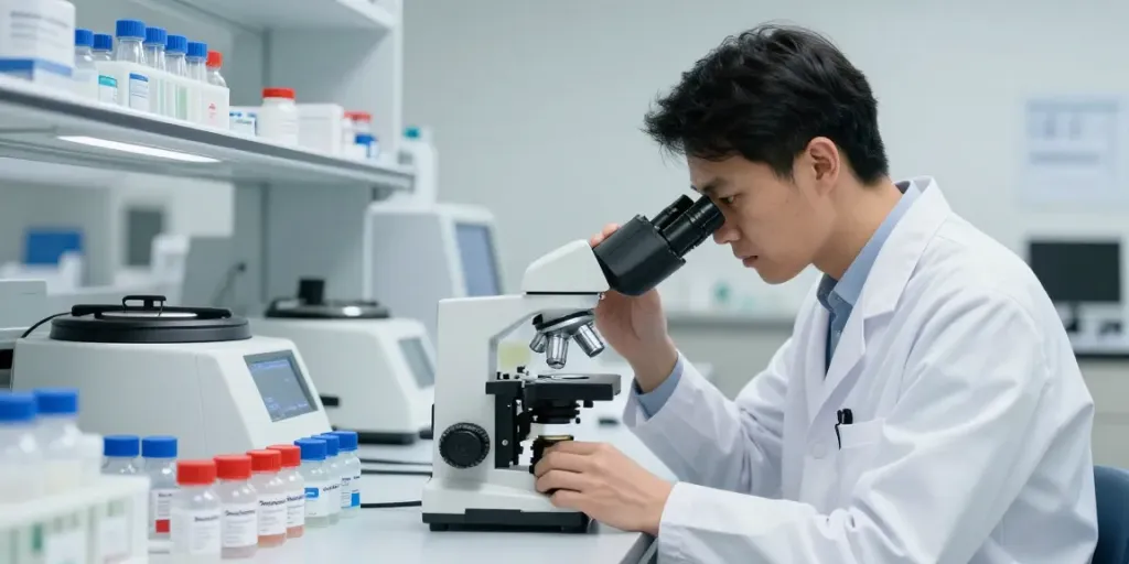 Researcher analyzing SwissChems peptides in a laboratory setting, showcasing high-quality scientific processes.