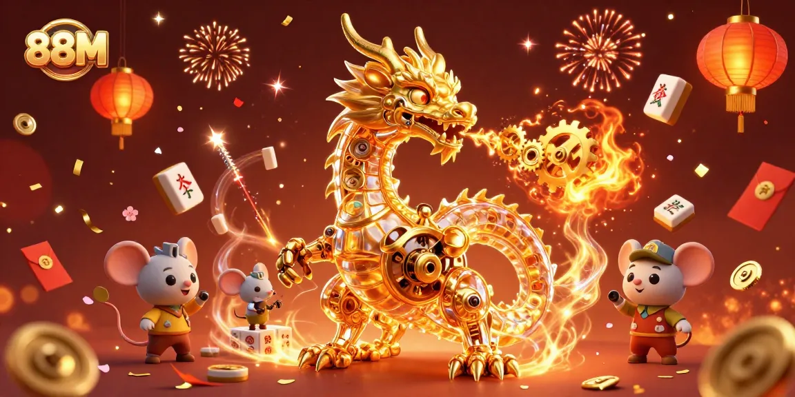 Experience the thrilling games at 88M, featuring a golden dragon and festive casino elements.