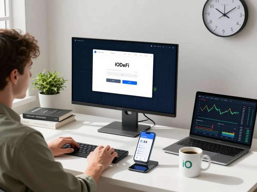 Engaged user at work accessing IODeFi login page in a modern finance workspace.
