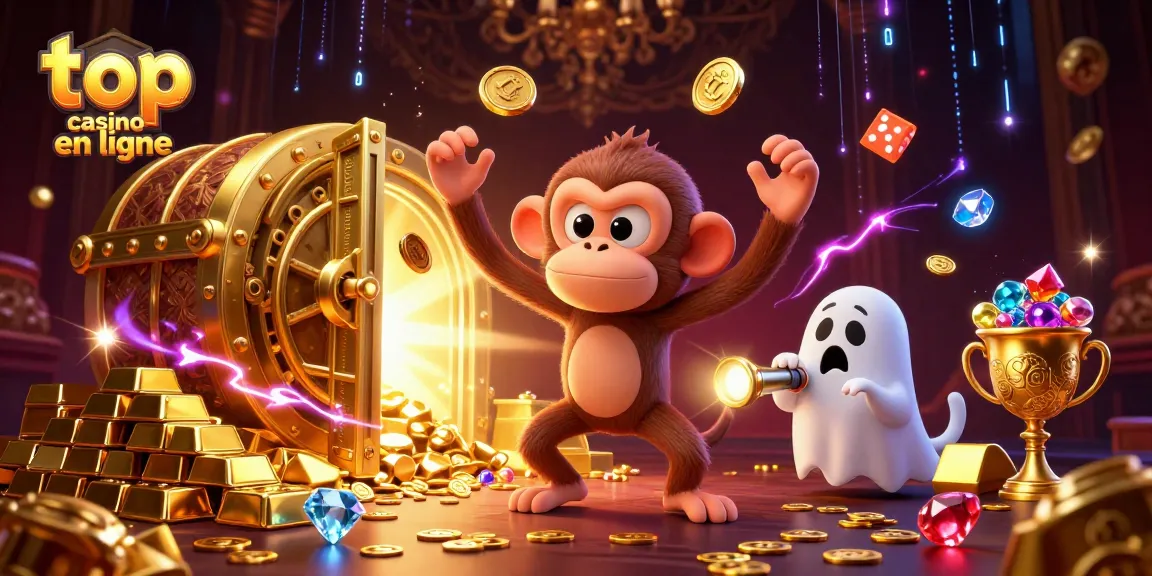 Image dynamique d'un haut casino en ligne avec un singe fantomatique jonglant et un chiot chasseur de fantômes