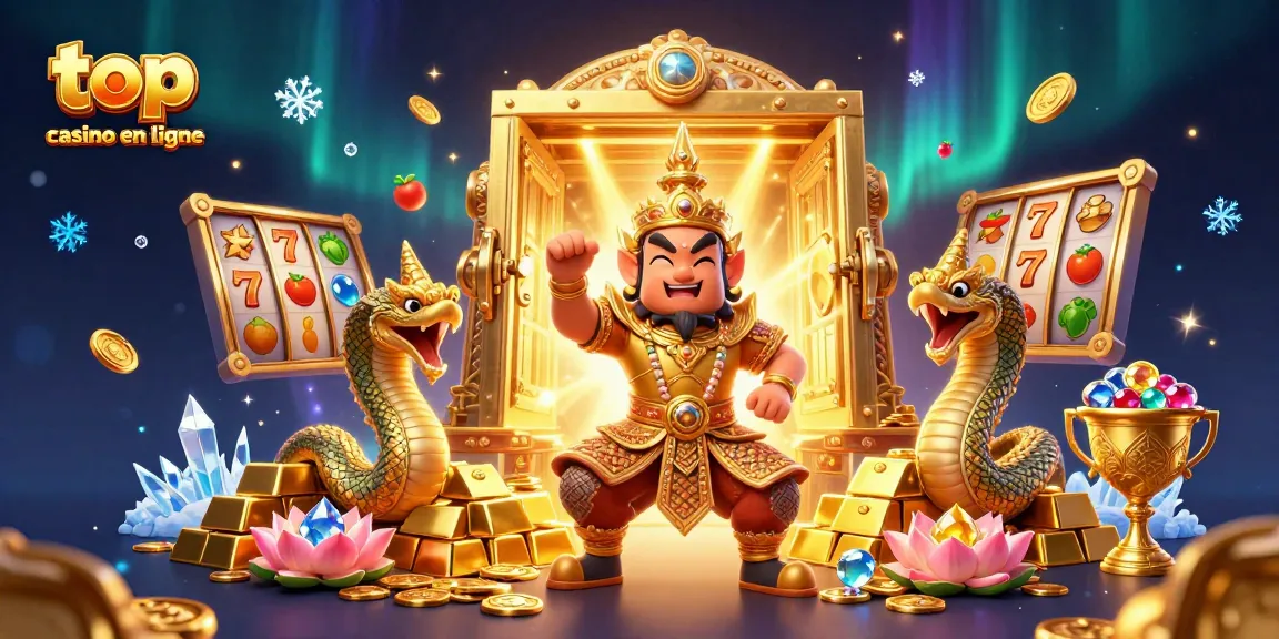 Gagnez avec les meilleurs jeux au top casino en ligne, illustrant un gardien en armure dorée entouré de richesses.