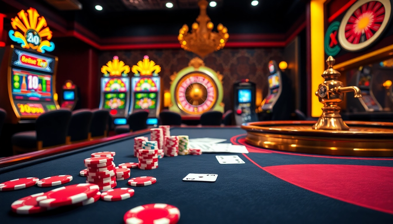 Découvrez l'excitation du casino en ligne Français avec des jetons de poker élégamment disposés et des machines à sous vibrantes.