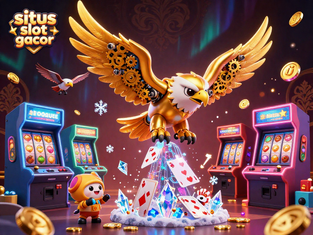 Engage with the exciting situs slot gacor scene featuring a golden eagle diving through holographic cards amidst vibrant slot themes.