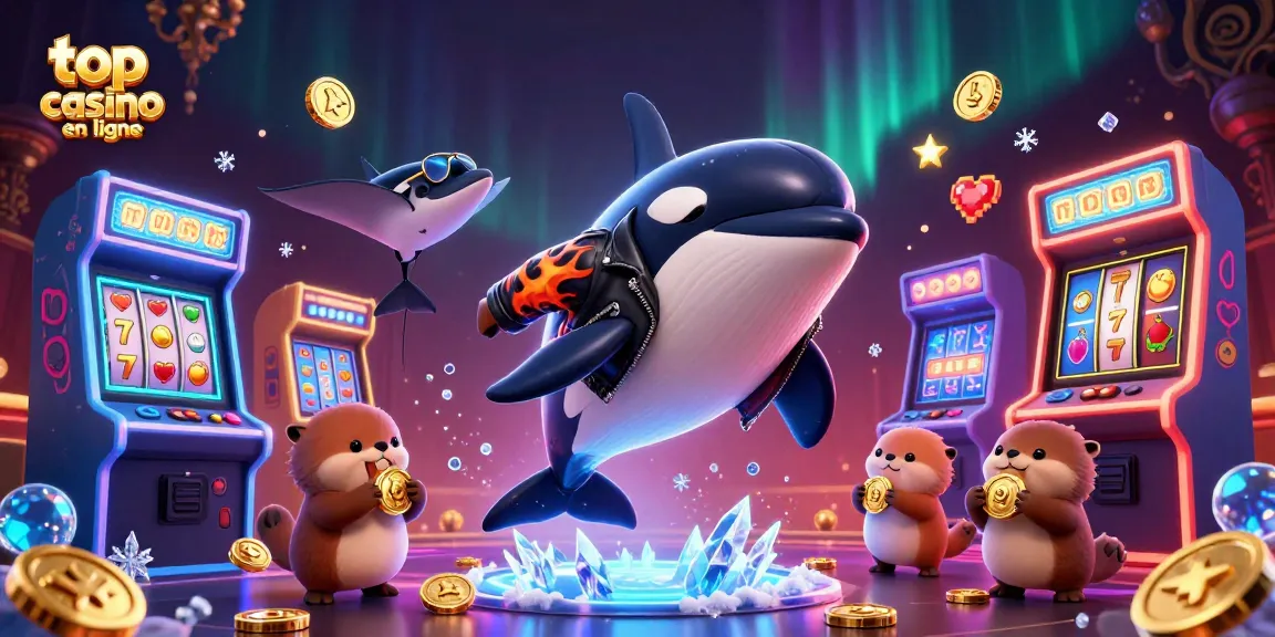 Plongez dans l'univers des jeux avec top casino en ligne, où une orque dans une veste de cuir fait un saut près de machines à sous scintillantes.