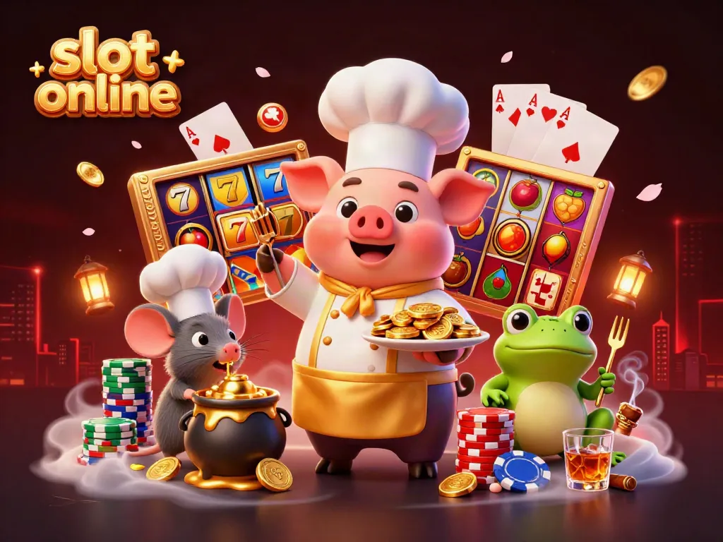 Ilustrasi slot online menampilkan babi koki, tikus sous-chef, dan katak kritikus makanan di kasino.