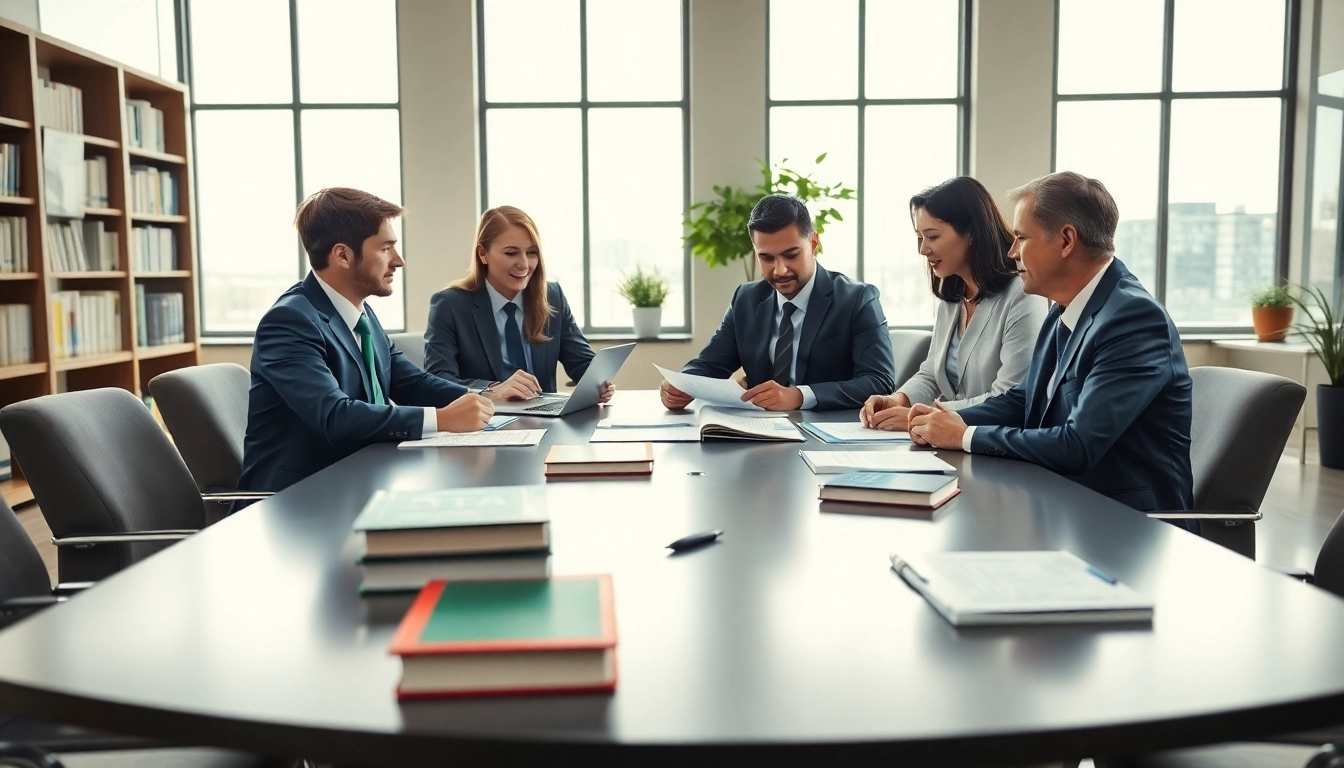 Attorneys from an environmental law firm collaborating on legal strategies in an eco-friendly office.