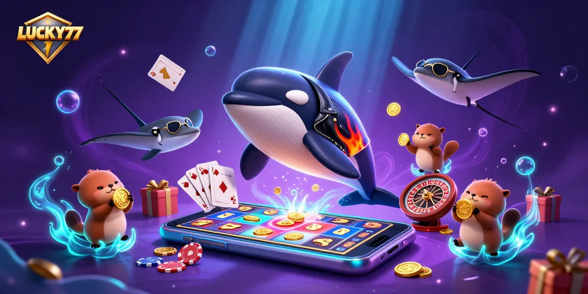 LUCKY77 brings vibrant energy with an orca in a biker jacket and playful sea otters.