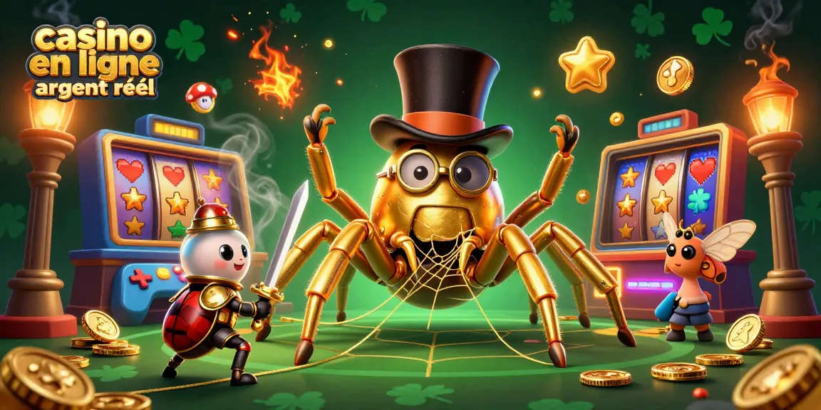Casino en ligne argent réel avec un tarentule dorée et un chevalier scarabée, entourés de machines à sous et de pièces en or.