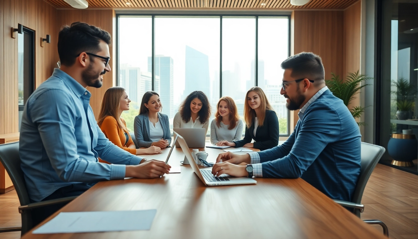 Engaged leadership coach working with clients in a bright office environment.