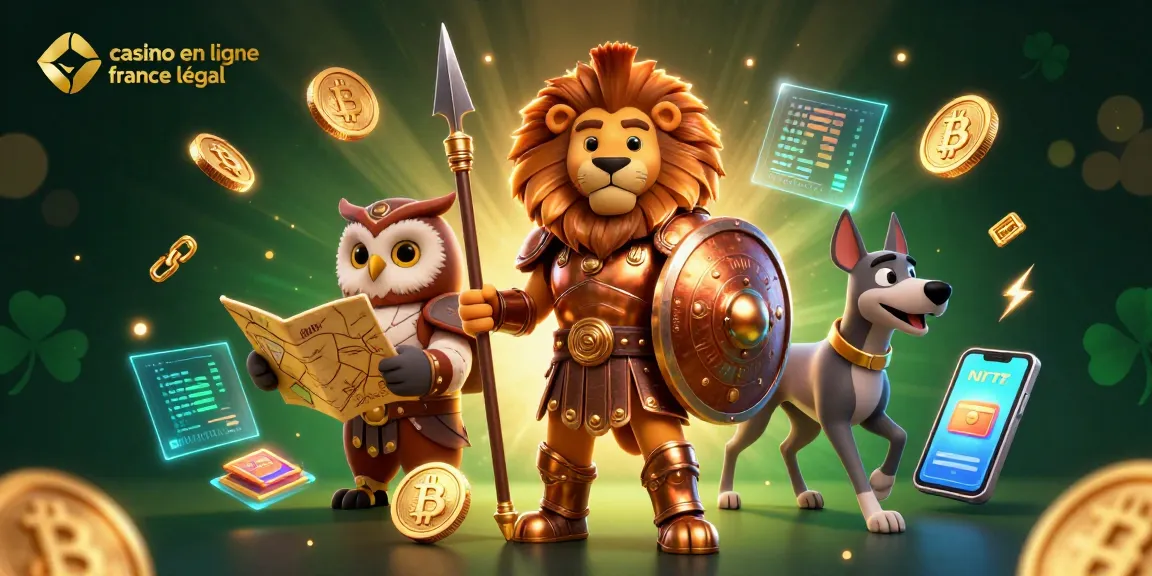 Découvrez le casino en ligne France légal avec une scène dynamique d'un lion en armure, des pièces de crypto et des éléments de jeu.