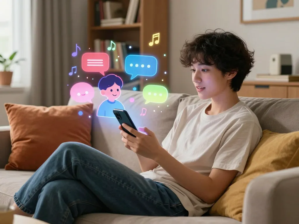 Engaging ai nsfw chat illustration featuring a user interacting with a vibrant AI character in a cozy living room.