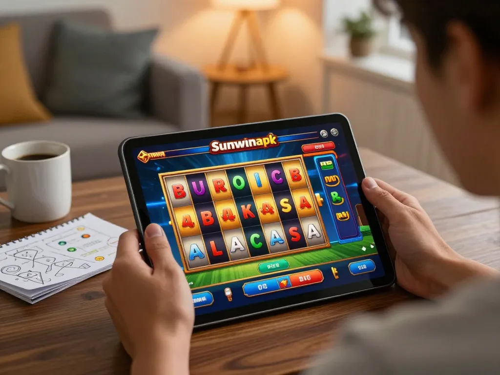 Engaging with sunwinapk casino app at home, enjoying exciting mobile slot game.